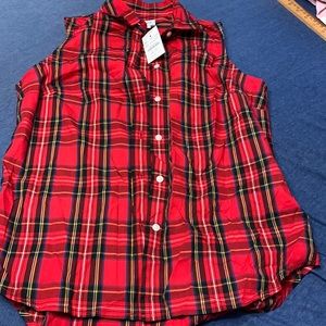 J Crew Poplin Red Stewart Tartan Plaid sleeveless Holiday Shirt Sz. XS